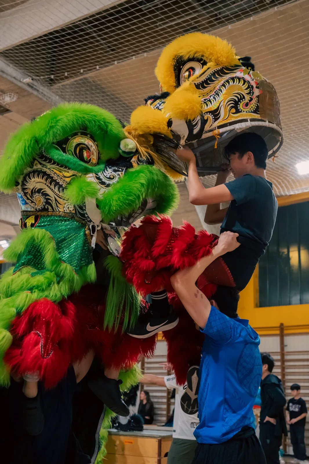 Coulisses 13AS — préparation du lion vert avant la prestation