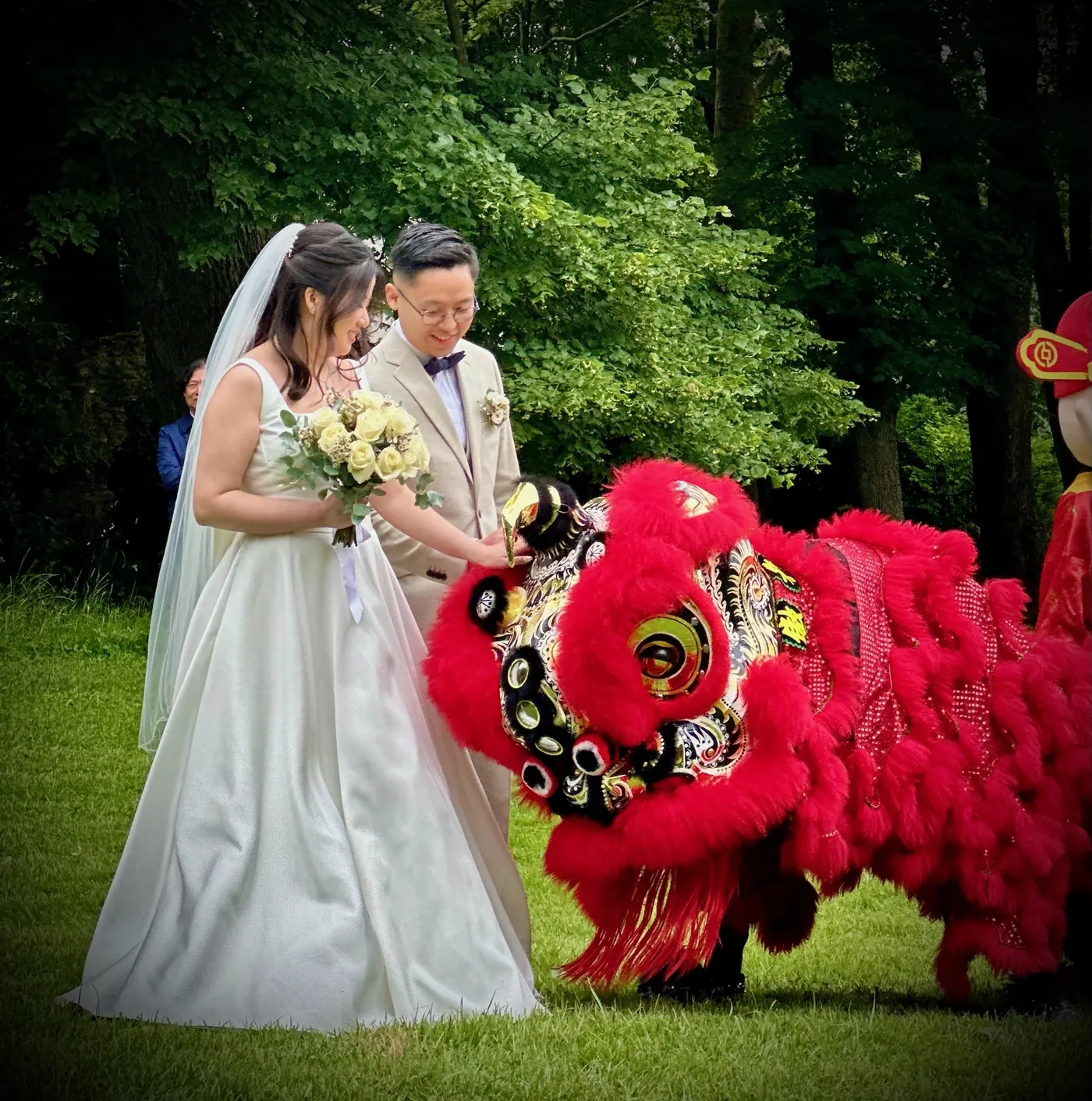 Mariée caressant le lion rouge — danse du lion mariage 13AS